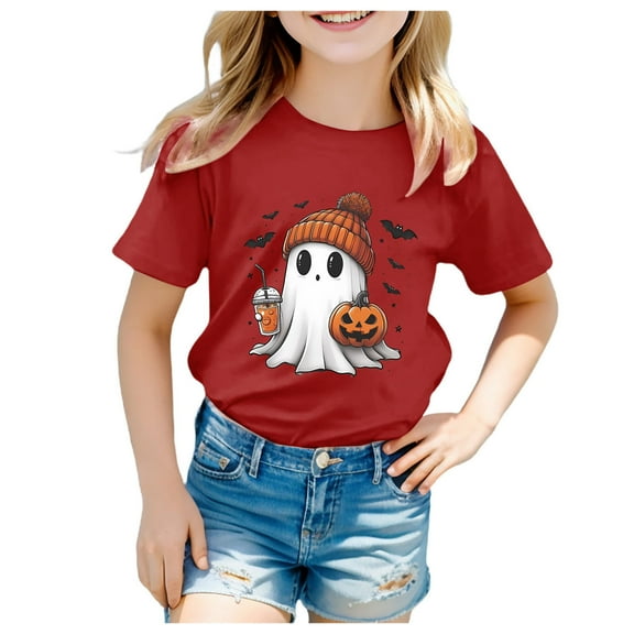 Staki Fall T Shirts Kids Halloween Shirt Girls Graphic Tees Toddler Halloween Short Sleeve Top(Red,12-13 Years)