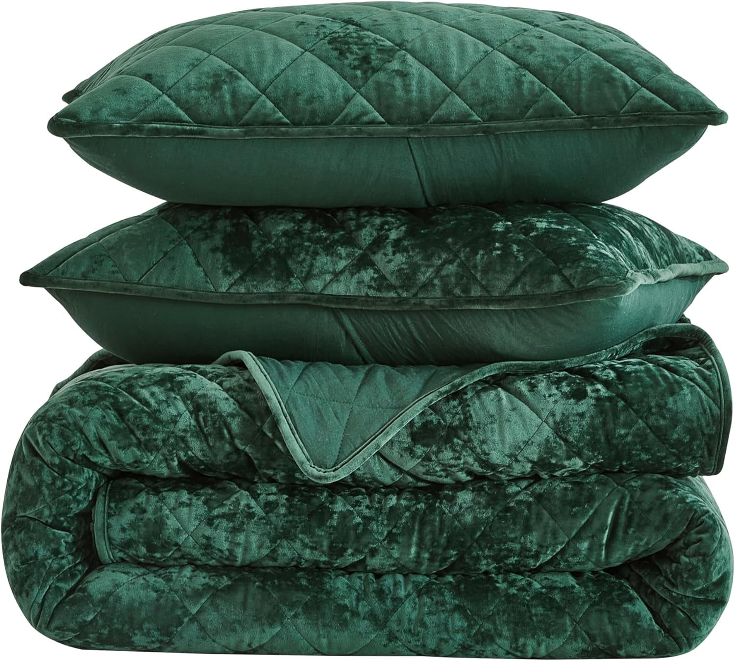 Chezmoi Collection Lux Forest Green Velvet Quilt Oversized King Set, 3-Piece Lush Plush Distressed Velvet Bedding All Season Lightweight Bedspread Brushed Microfiber Reverse with Diamond Stitch