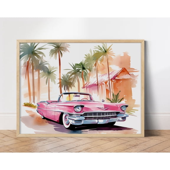 Pink Cadillac Print, Vintage American Car, Mid Century Modern Wall Art, Retro Car Print, Pink Cadillac Painting, Elvis Art Wall Art, Modern Wall Decor, 8x12 UNFRAMED