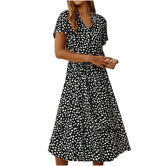 RXIRUCGD Robes pour Femmes Mode d'Été pour Femmes Casual Polka Dot Imprimer à Manches Courtes Robe à Cordon Mode pour Femmes 2023 Robe Noire
