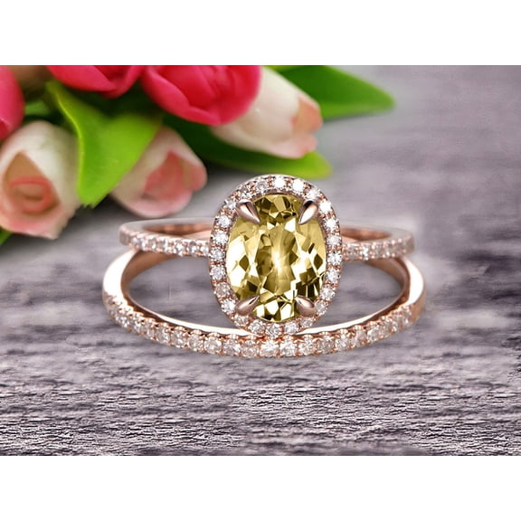 8x6mm Oval Cut 2.50 Carat Champagne Diamond Moissanite Bridal Ring Set Engagement Ring On 10k Rose Gold Stacking Matching Wedding Band