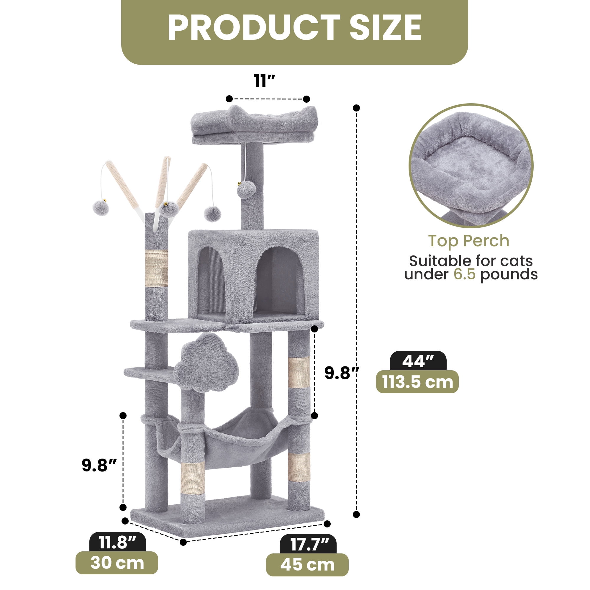 Uforic 44" Cat Tree Tower, with Scratch Posts, Condo, Hammock, Toys, Light Gray