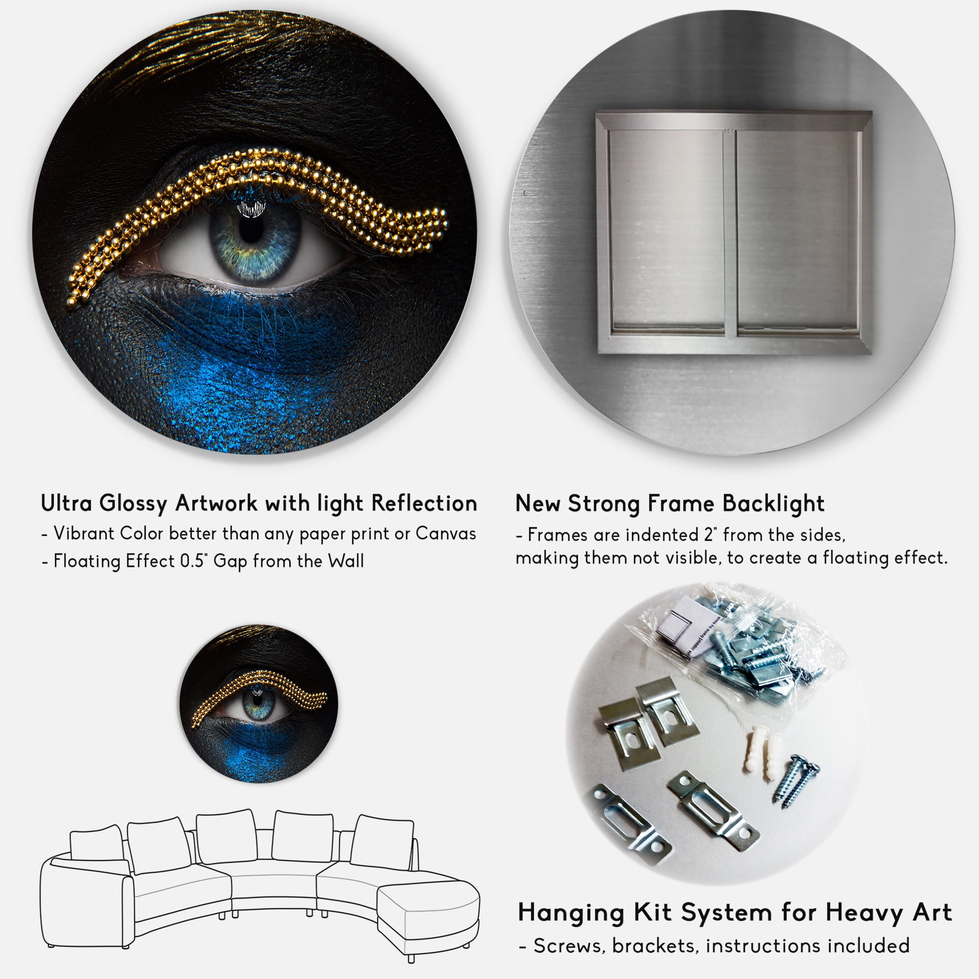 Designart 'Girl Eyes With Gold Chain and Blue Pigment' Modern Circle Metal Wall Art 11x11 - Disc of 11