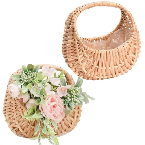 TGY 2 Pcs Half Moon Basket with Handle,Rattan Woven Flower Baskets,Small Wicker Gift Basket,Candy Storage with Plastic Liner,for Home Wedding Birthday Party Decor (Brown)