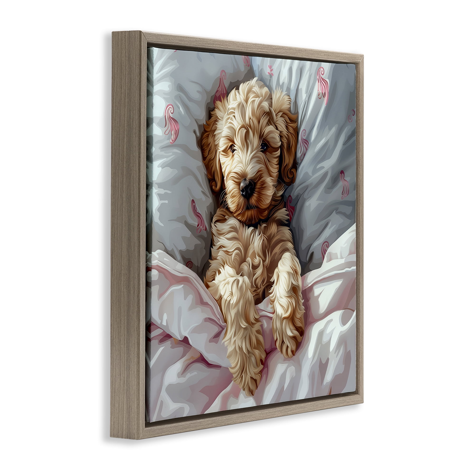 Stupell Industries Nap Time Cuddling Labradoodle Animals Painting Brown Floater Framed Canvas Art Print Wall Art, 18 x 18