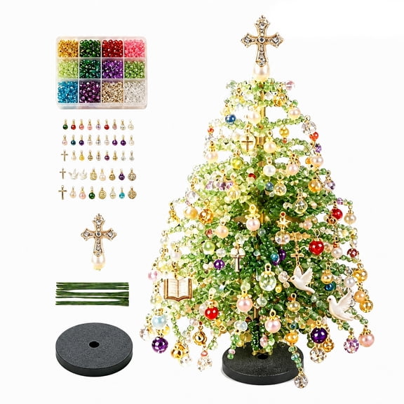 DIY Beaded Christmas Tree Kit for Adults, Crystal Tabletop Tree with Cross Dove Bible Charms, Christian Holiday Gift