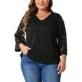 thumbnail image 1 of Blusa elegante de encaje de talla grande para mujer GRACE & GRANDEUR, de manga 3/4 y escote en V, 4X, negra, 1 of 1