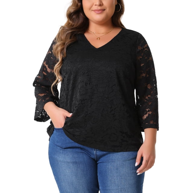 Blusa elegante de encaje de talla grande para mujer GRACE & GRANDEUR, de manga 3/4 y escote en V, 4X, negra