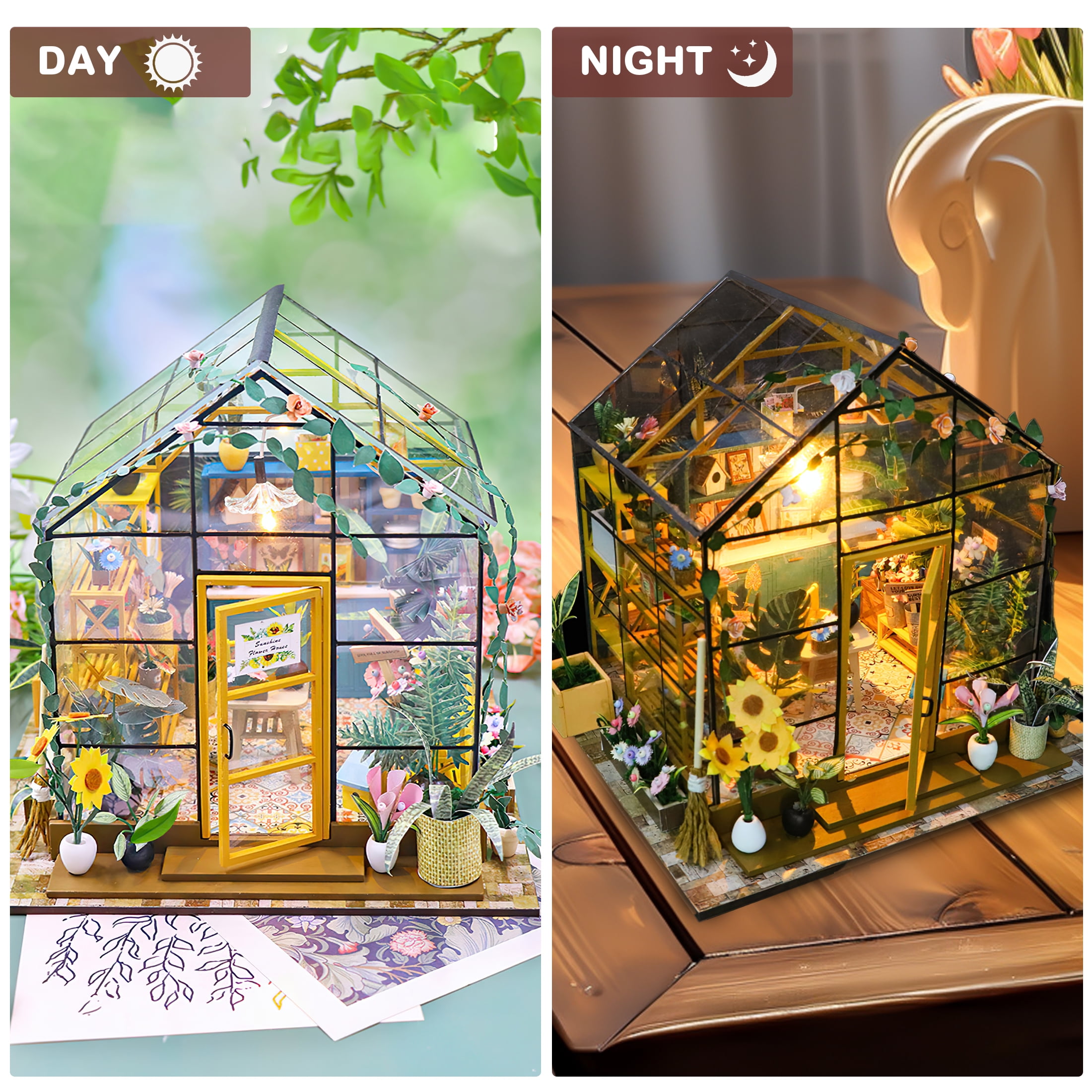 Diy Miniature Dollhouse Kit, Green House With Furniture And Led Lights, Wooden Dollhouse Kit, Best Birthday And Christmas Gifts For Women And Girls (Cathy'S Flower House)