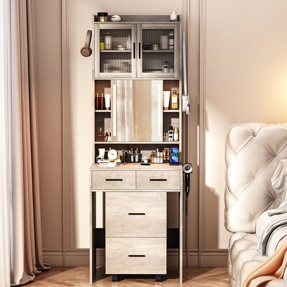 Spaco Vanity Desk with Sliding Mirror and LED Lights, Makeup Table with Charging Station and Storage Shelves, Compact Mini Corner Vanity Set with Hidden Storage Stool for Small Space, Gray