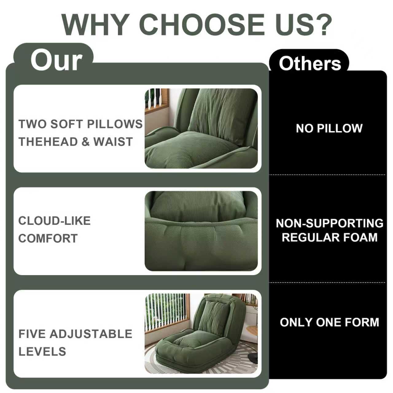 Upholstered Human Dog Bed for Adults & Pets, 5-Position Adjustable Foldable Lazy Sofa Bed with 2 Pillows, Corduroy Floor Recliner for Bedroom Living Room Reading Corner