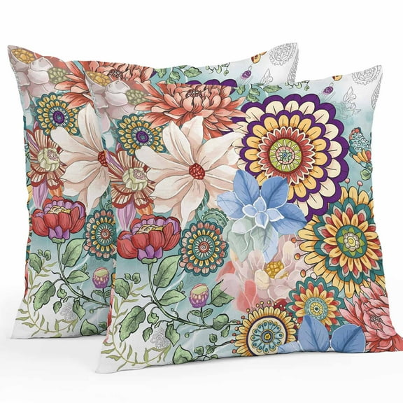 Outdoor Waterproof Pillow Covers Vintage Bohemian Flowers Decorative Throw Pillow Protectors for Patio Sofa Garden Couch,18x18in 2 Pack