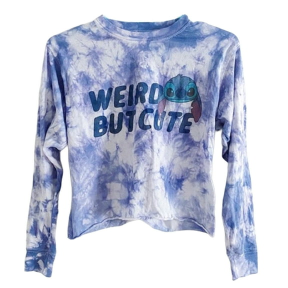 Disney Stitch "Weird but Cute" Long Sleeve Crop Tie Dye Junior Women's T-Shirt - Small