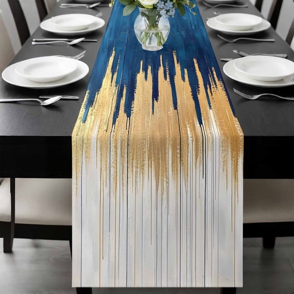 Blue Gold Table Runner 72 Inches Long, Modern Street Art Splatter Foil Painting Kitchen Coffee Dining Table Decoration for Home Party Birthday Wedding Home Decor 18x72 Inches