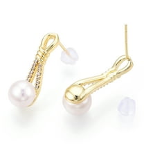 2Pair Natural Pearl Stud Earrings Micro Pave Cubic Zirconia Brass Earrings with 925 Sterling Silver Real 18K Gold Plated 22x5.5x2.5mm Pin: 0.8x11.5mm