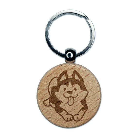 Siberian Husky Laying Down Dog Round Keychain Charm Tag - Engraved Wood