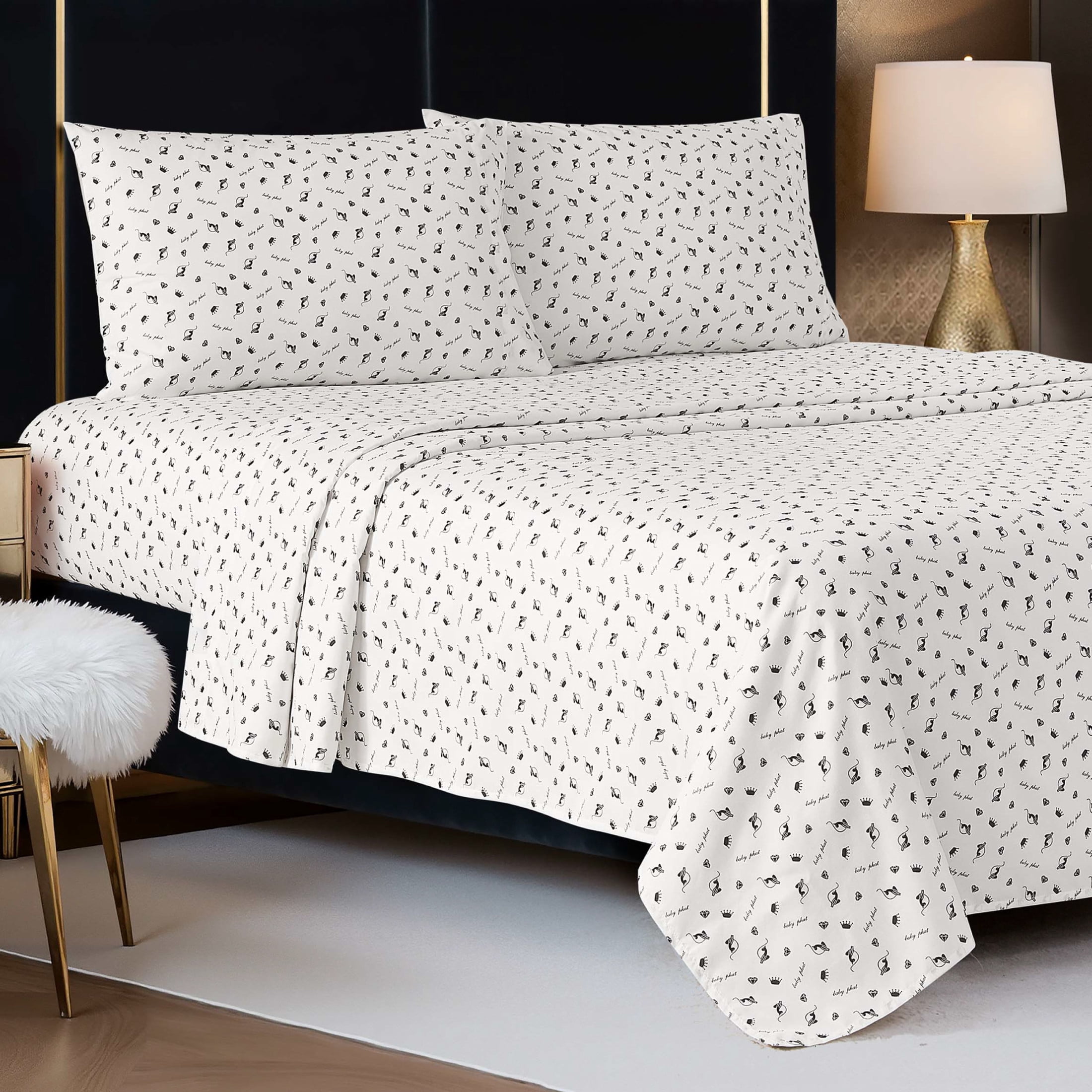 Baby Phat Printed Microfiber Sheet Sets, 4-Piece Queen, White