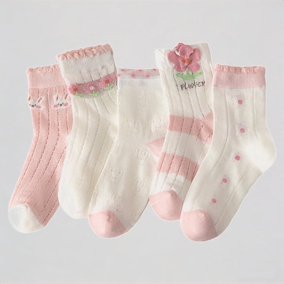 Daznico Kids Mesh Ankle Socks 5-Pack Girls Strawberry Print & Stripe Ruffle Breathable Cotton Blend Socks for Toddler to Youth,9-12 Years
