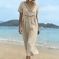 thumbnail image 4 of Kilaqueen Women's Lace Trim V-Neck Midi Dress Short Sleeve High Waist Casual Elegant Flowy Dress Boho Beach Eyelet Long Dresses, 4 of 9