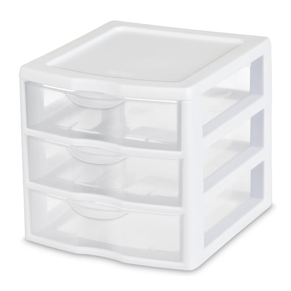 Sterilite Small 3 Drawer Unit, Countertop Organizer, Clear Storage Solution for Desks, Countertops, and Shelves, White