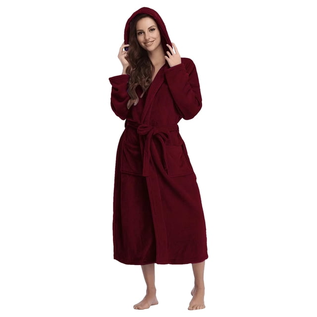 Ccpelsie Robe Longue en Peluche Douce pour Femmes Peignoir d'Hiver Chaud Col Châle avec Poches (A01-Vin, 2TG)