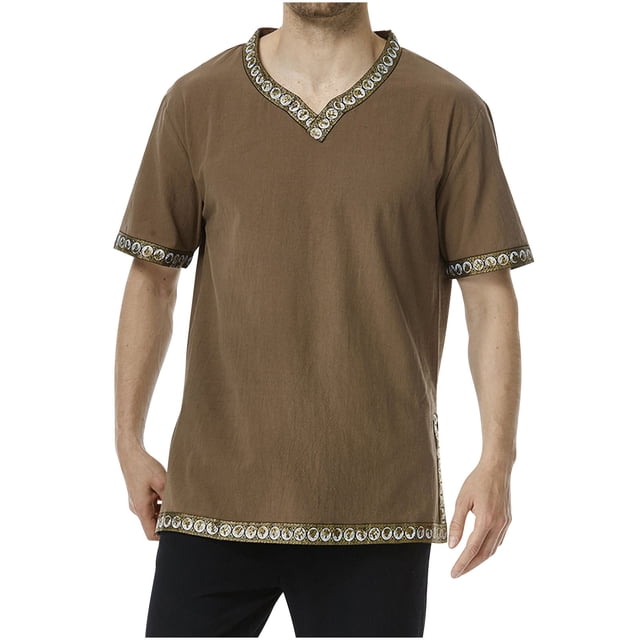 Camisas de Manga Corta de los Hombres Estilo Étnico Impreso Hendidura Cuello en V, Ligero Top Transpirable para la Primavera Y el Verano