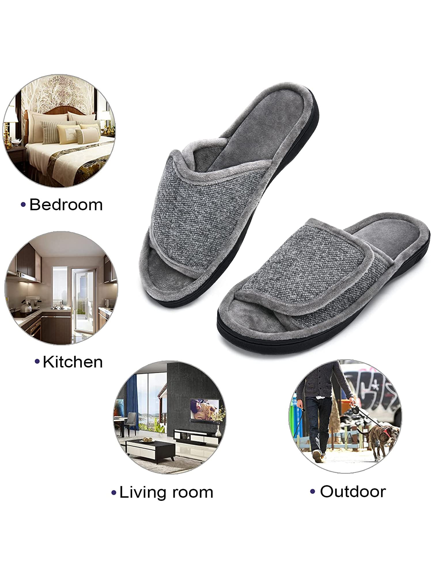 Memory Foam House Shoes Home Slippers with Indoor Outdoor Anti-Slip Rubber Sole DL Mens Slippers Adjustable Open Toe Slippers for Men 