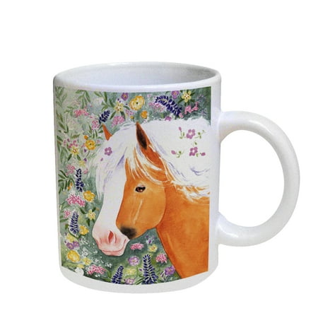 

KuzmarK Coffee Cup Mug Pearl Iridescent White - Palomino Welsh Pony with Welsh Wildflowers Horse Art by Denise Every