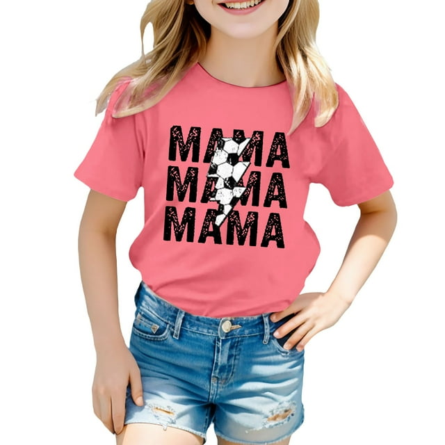 NINGMENG Hauts et T-Shirts pour Filles, Été, Fête des Mères, Imprimé Lettre, Col Rond, Manches Courtes, Ample, Décontracté, Rose, 6-7 Ans