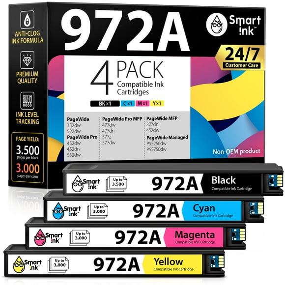 Smart Ink Compatible Ink Cartridges Replacement for HP 972A 972 A (4 Pack Combo) to use with PageWide Pro 477dw 577dw 452dw 477dn 452dn 577z 552dw 377dw P55250dw Printer