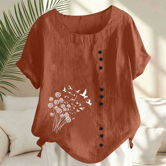 HOMBOM Shirts for Women Summer Tunic Tops Crewneck Boho Floral Casual Cotton Linen Womens T Shirts Short Sleeve