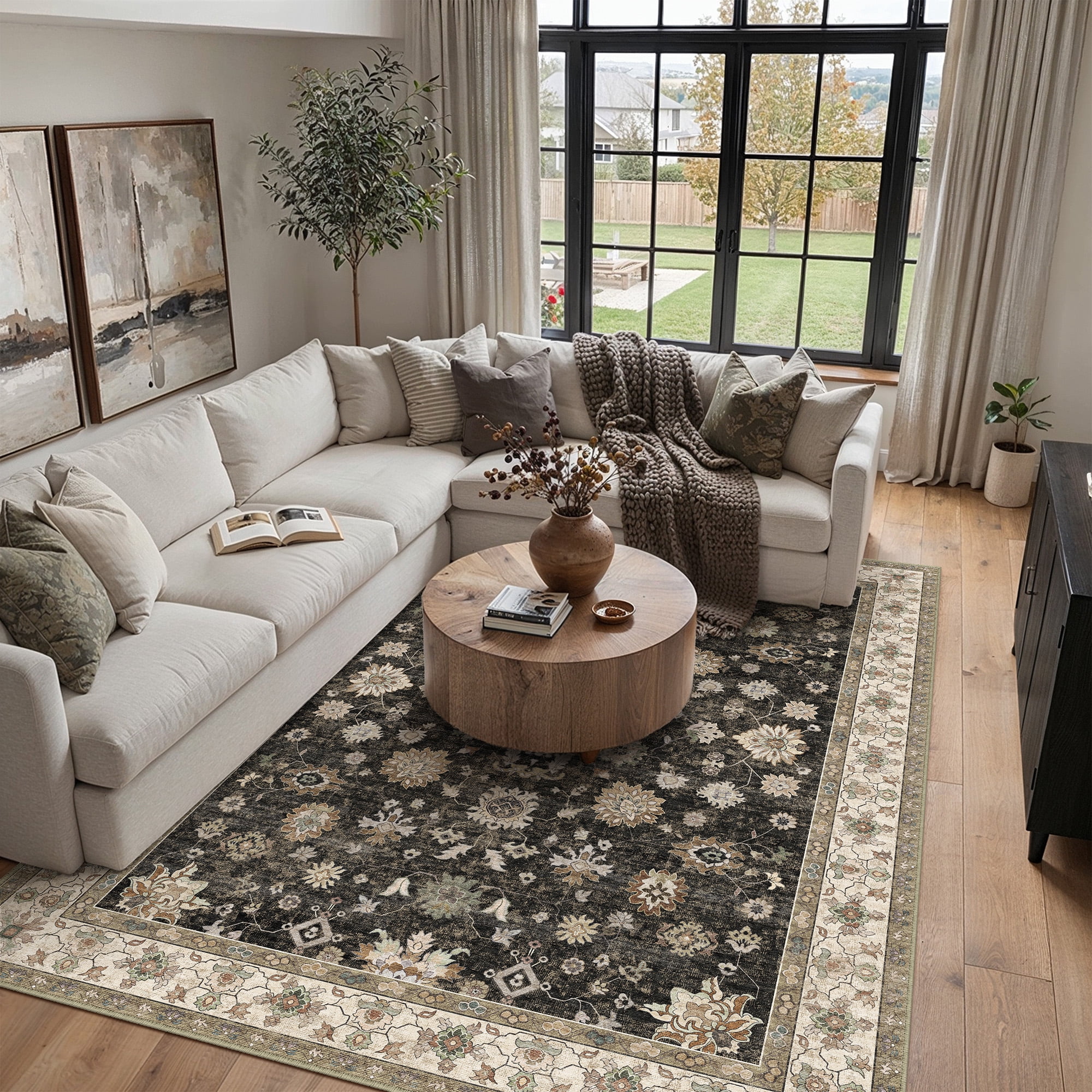BERTHMEER 6'x9' Vintage Area Rugs for Living Room Black and Gold Rugs for Bedroom Kitchen Non Slip Washable Carpets Office Farmhouse Dorm Dining Room Oriental Traditional Distressed Rugs