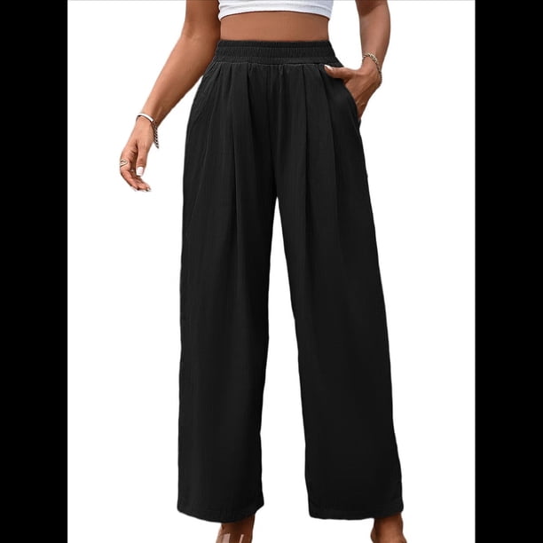 Pantalones Casuales para Mujer, Holgados, con Cordón, Cintura Alta, Pierna , para Playa y Bolsillos. Negro XXL