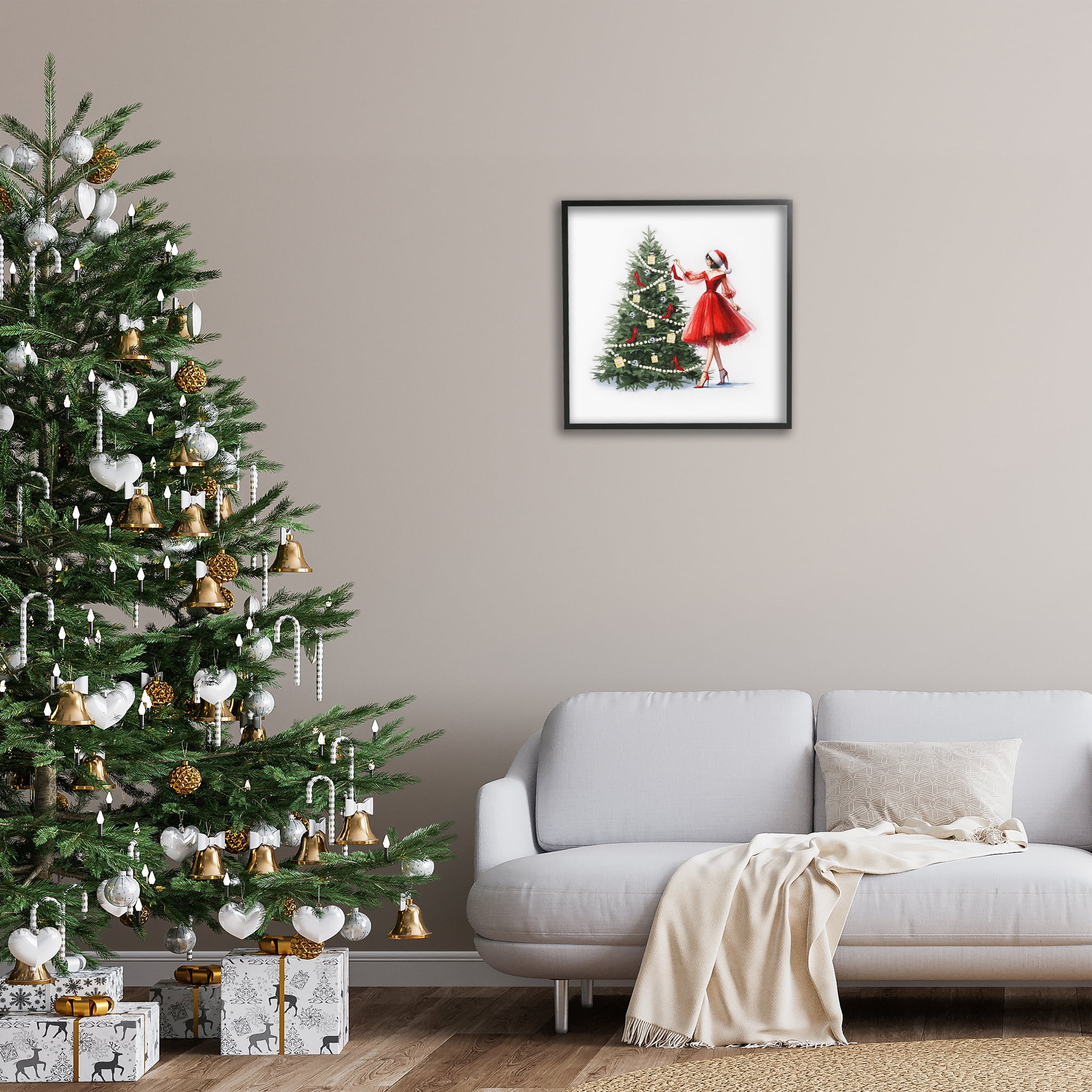 Stupell Industries Holiday Tree Glam Accessories Holiday Painting Black Framed Art Prints Wall Art, 24 x 24