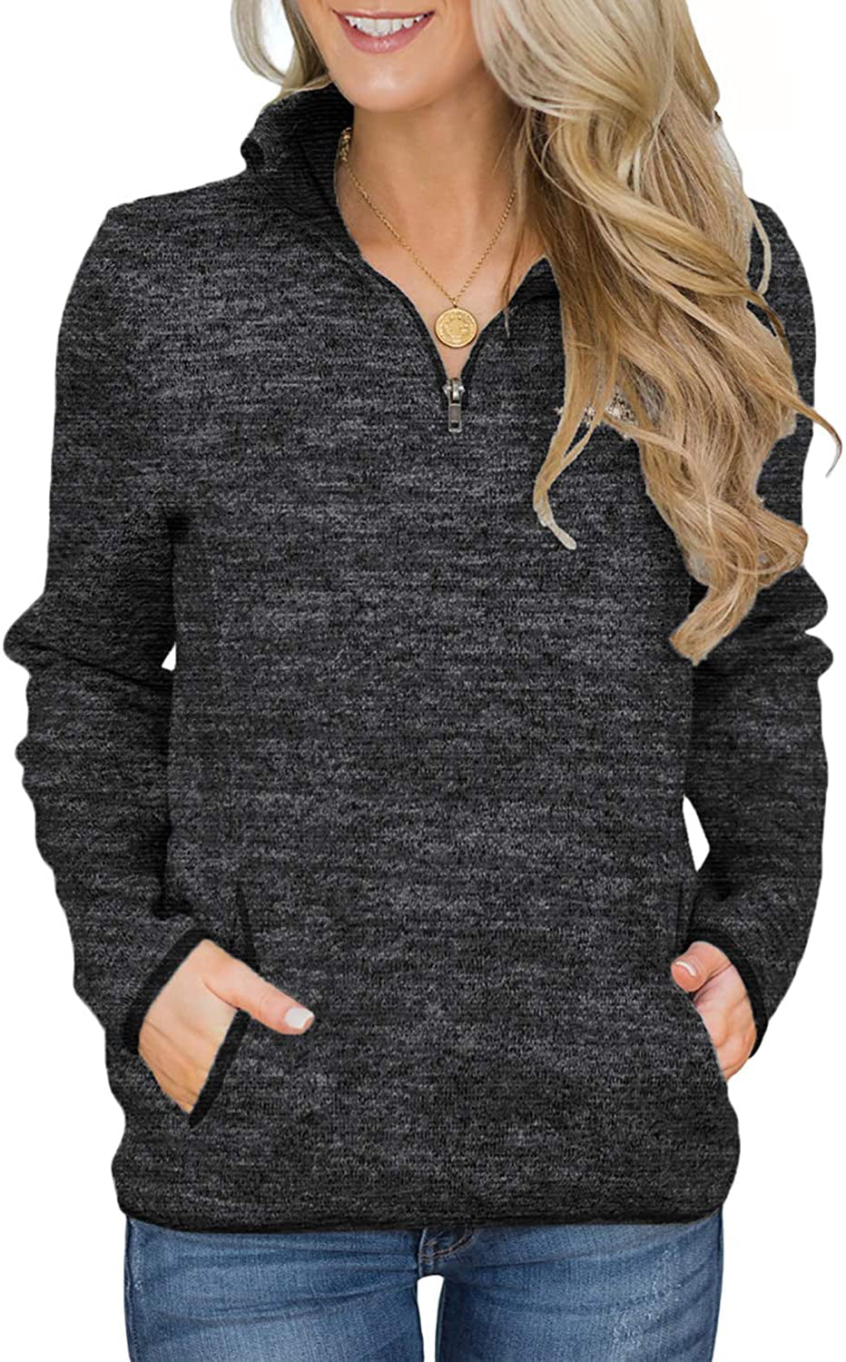 Women Quarter Zip Color Block Pullover Sweatshirt Tops With Pockets ...