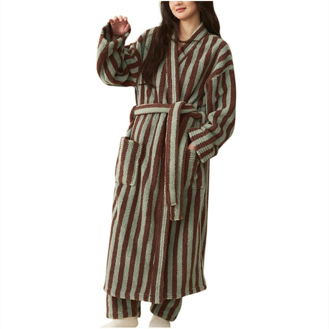 WRKEKC Womens Robe Long Sleeve Striped Pocket Coral Fleece Long Bathrobe for Women Loungewear Extended Length Sleep Robe Homewear