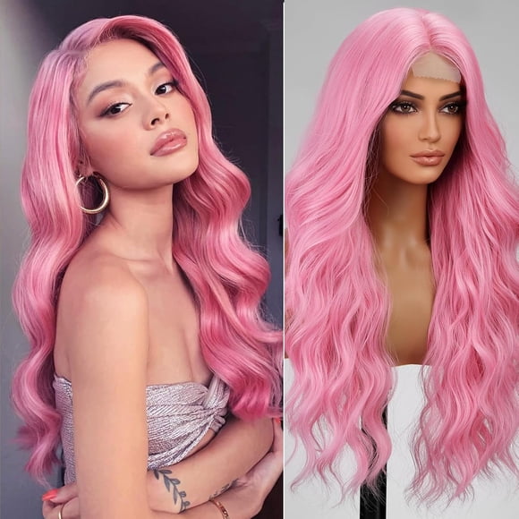 PinesC Pastel Pink Wig,Long Pink Wavy Wig for Women,Middle Part Curly Wavy Wig,Natural Looking Synthetic Heat Resistant Fiber Wig for Daily Party Use 26IN Pastel Pink