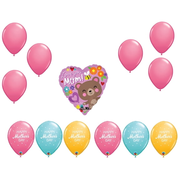 LOONBALLOON Mother's Day Theme Balloon Set, Standard Size Heart Shape Love You Mom Bear Balloon and 12x Latex Balloons