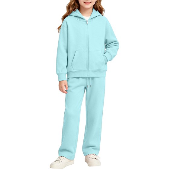 JULMCOMO Girls Sweatsuits Fleece Full Zip Up Long Sleeve Comfy Hoodie Casual Tracksuits Drawstring Loose Sweatpants Soft Two Piece Sets with Front Pocket Light Blue 11-12 Years