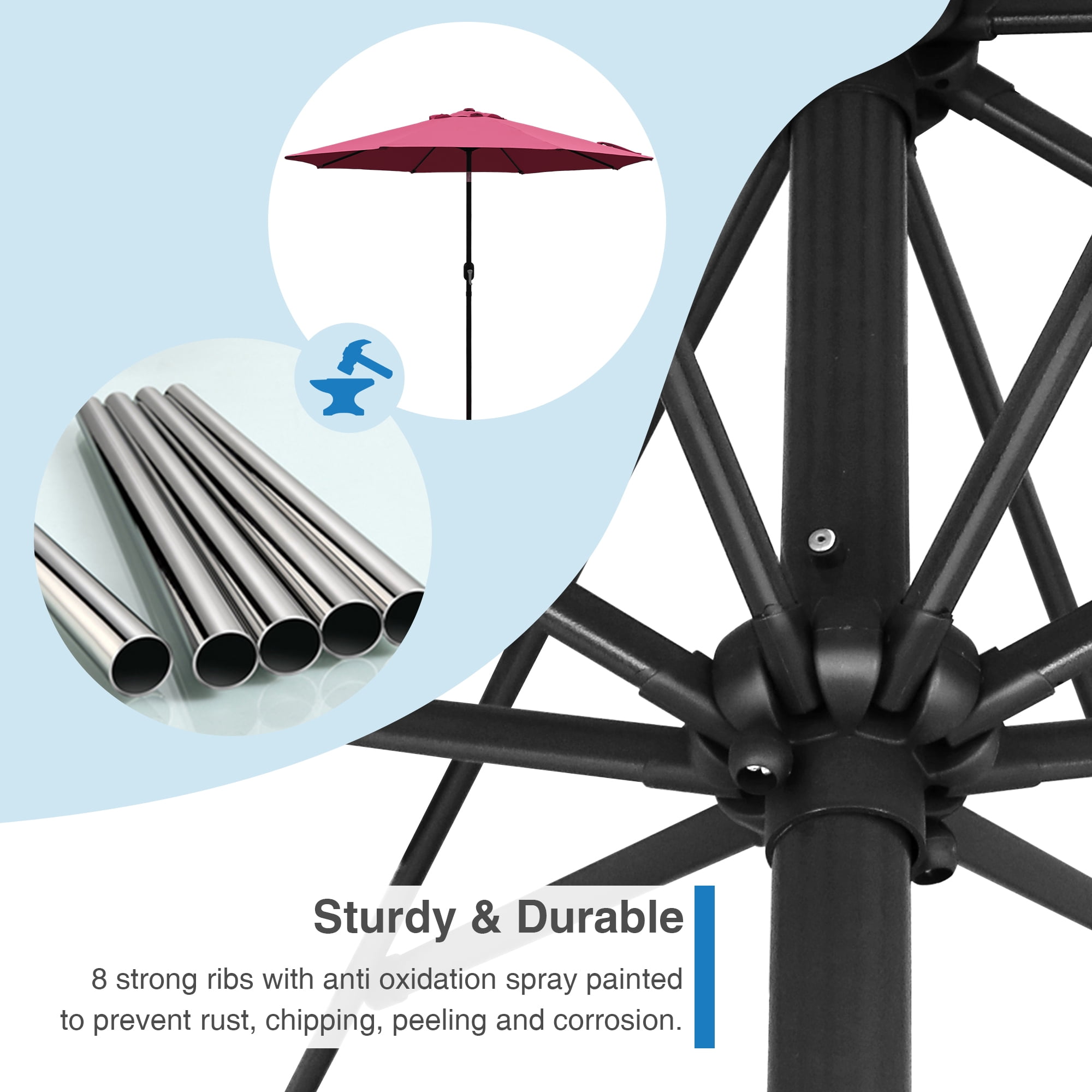 Abble Outdoor 9ft Patio Umbrella with Crank Handle and Push Button Tilt, Outdoor Market Umbrella with 8 Ribs for Garden, Deck, Backyard, Pool, Burgundy