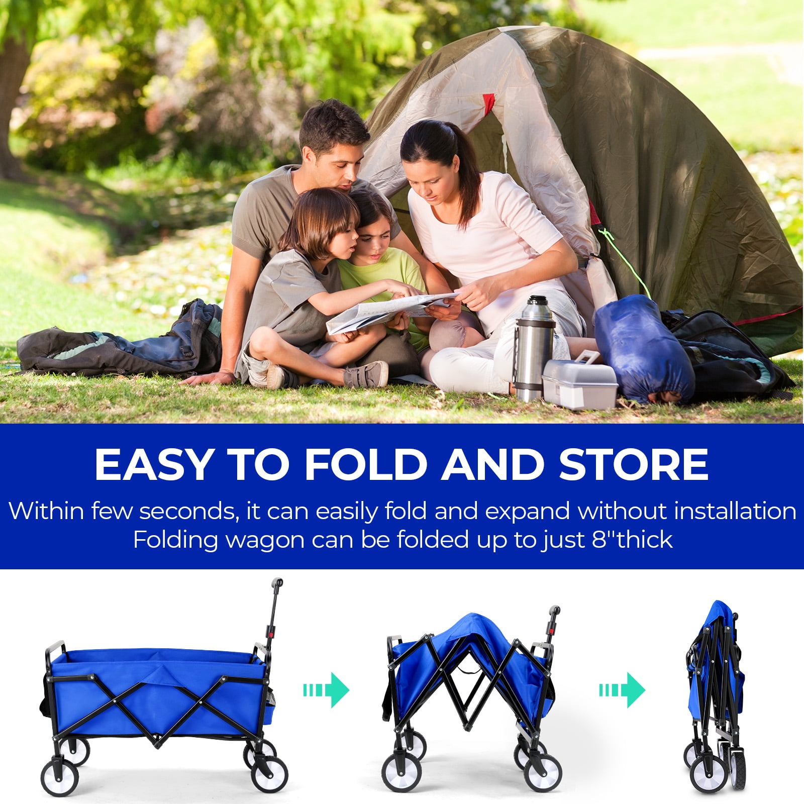 Pirecart Foldable Wagons Carts, 150lbs Capacity Collapsible Wagon with Weels and Carry Bag, Heavy Duty Collapsible Wagon for Garden Camping Shopping Sports.