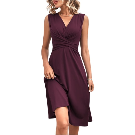 CIENVNSTG Women's Slimming Sleeveless Fit-and-Flare Tummy Control Dress V Neck Wedding Guest Formal Dresses Summer Outfits 2026 Purple 2XL