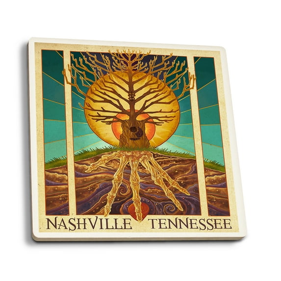 Nashville, Tennessee, Guitar Tree (Absorbent Ceramic Coasters Set of 4 Matching Images, Cork Back, Kitchen Table Decor)