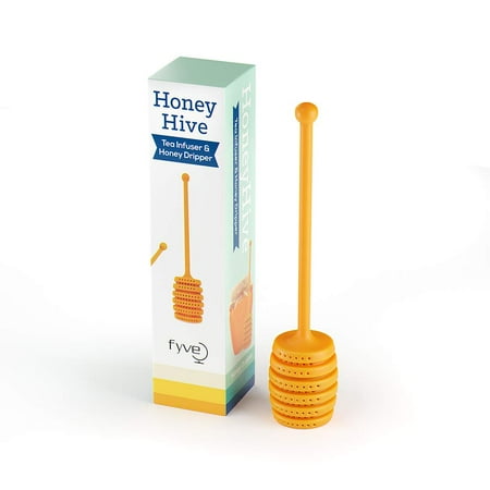 Flat Bottom Strainer - Honey Hive Tea Infuser/Honey Dripper with Silicone Long Handle to Dip Honey and Bottom Honey Hive Shape for Loose Leaf Tea Strainer and Steeper by Fyve Global