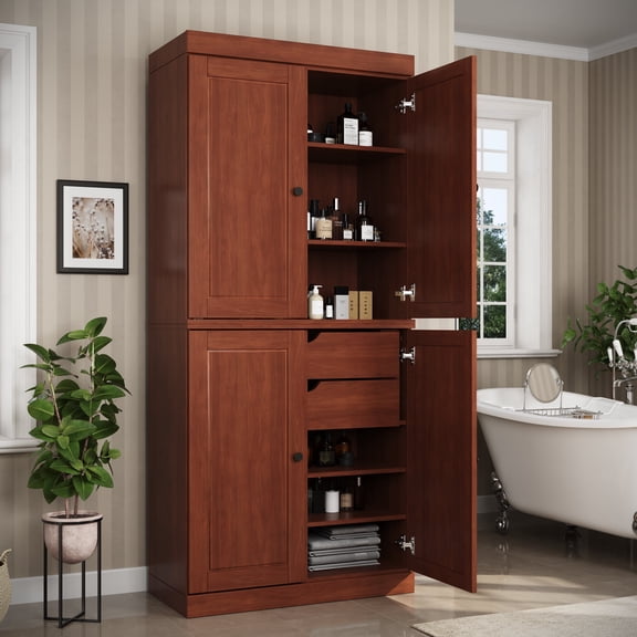 100% Solid Wood 32" Bathroom Cabinet with Solid Doors, 2-Drawers and Adjustable Shelves
