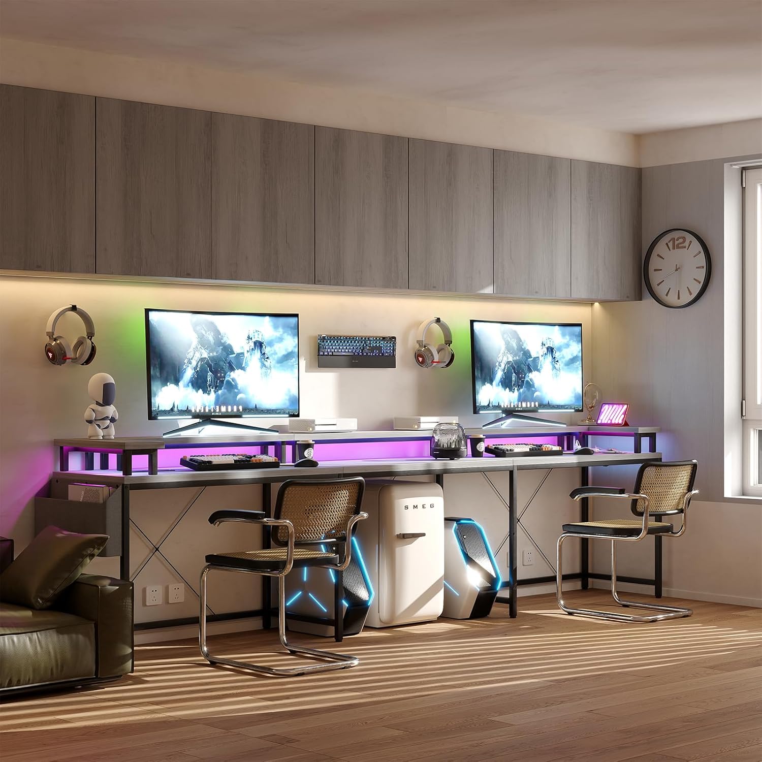 U Shaped Home Office Desk, Reversible L Shaped Gaming Computer Desk With Power Outlets,126 Inch Computer Desk With Monitor Stand and LED Lights,Storage Shelves,Storage Bag and Hooks（Grey Oak）