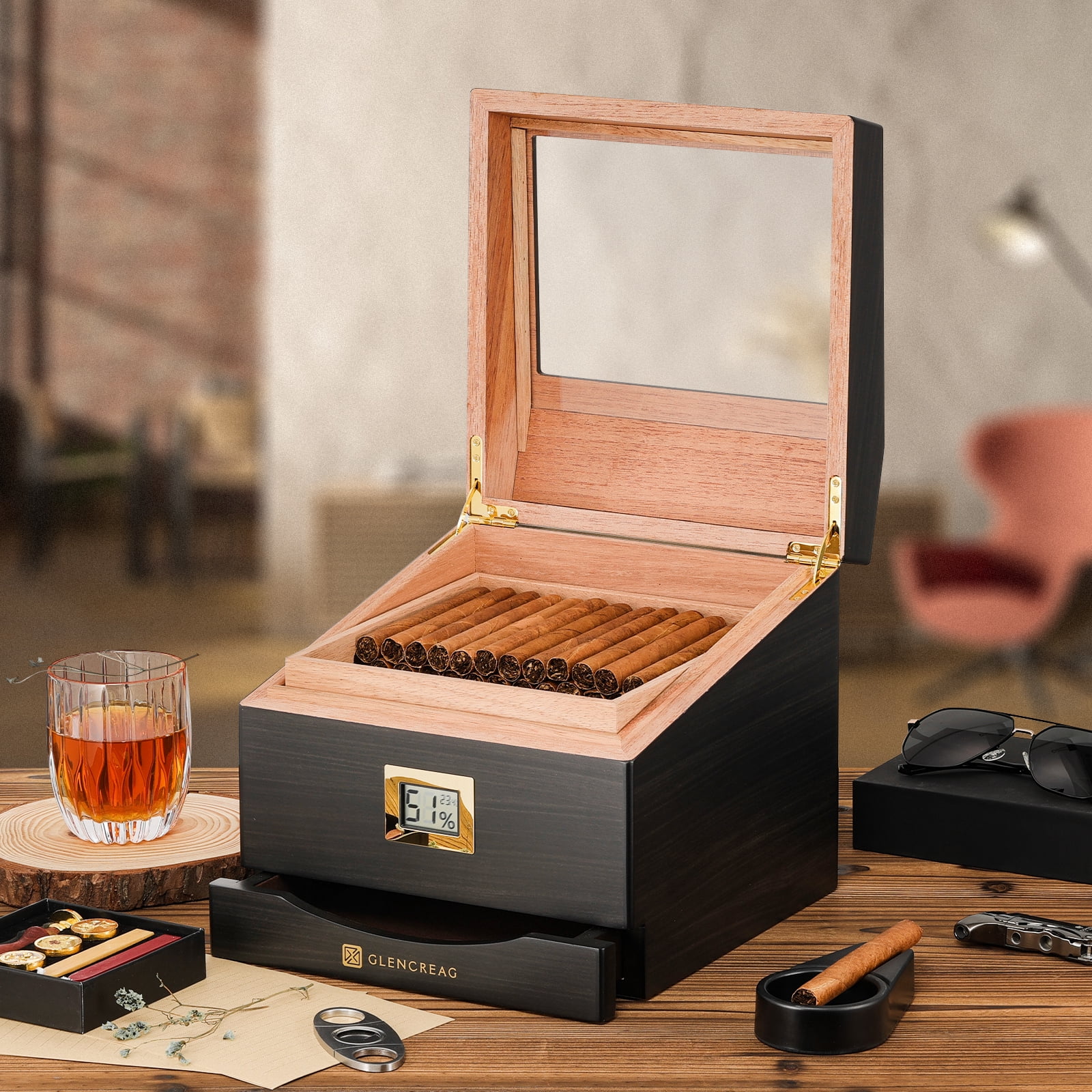 GLENCREAG FT-2042 Cigar Humidor Box for 55 to 85 Counts, See-Through Design with Spanish Cedar Lining & Divider, Digital Hygrometer, Accessory Drawer & Humidifier, Gift for Cigar Lovers (Ebony)
