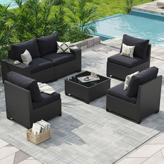 Aoxun Patio Furniture Set, 6 Pcs Outdoor Patio Furniture Sets with 4in Thicken Cushion, Widen Armrests Wicker Outdoor Sectional for Backyard (Waterproof Cover Include)