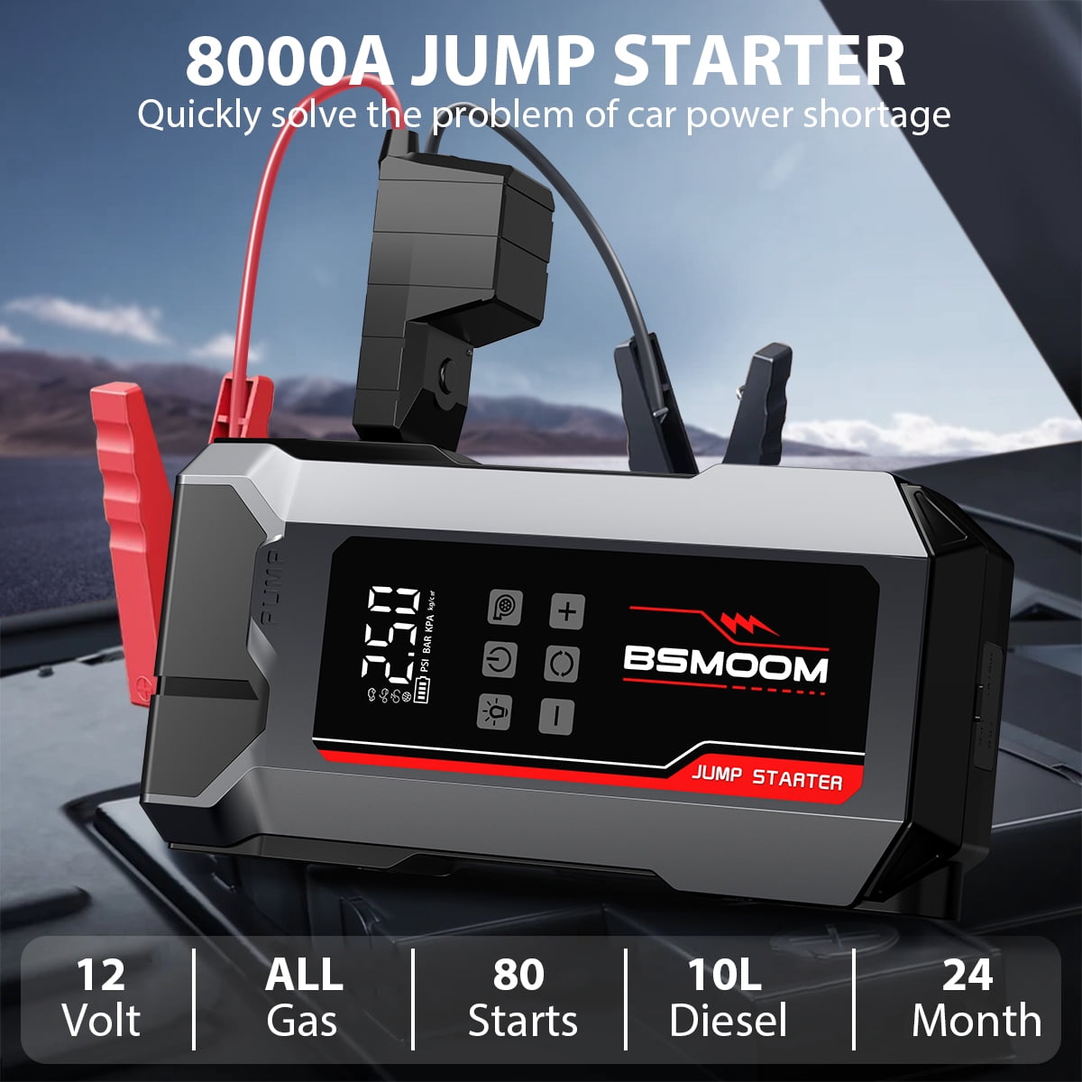 BSMOOM 8000A Car Battery Jump Starter with Air Compressor/Tire Inflator 150PSI, 9-in-1 Portable Jump Starter Power Pack for ALL Gas/10L Diesel, 12V Jumper Box with Air Pump, USB Ports, LCD, LED Light