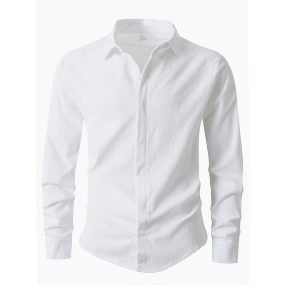Men's Linen Shirts Lapel Collar Long Sleeve Button Down Business Casual Blouse Solid Dress Shirt Officewear (XL, White)